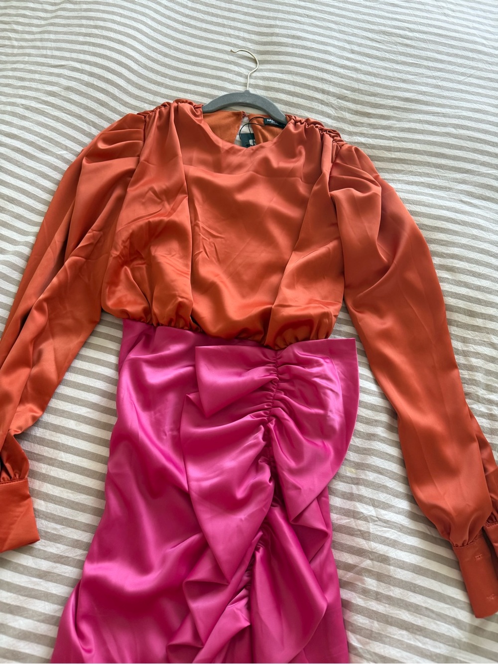 Nasty Gal Rust Orange Satin Puff-Sleeve Top with Fuchsia Satin Skirt